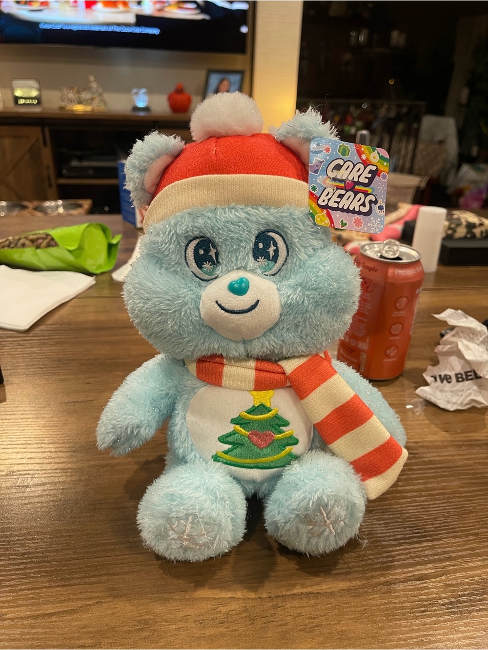 Care Bears Light Blue Holiday Plush Bear with Red & Cream Hat and Scarf